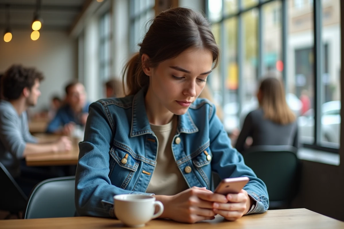 Jeune femme au café examine son smartphone attentivement