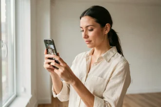 Femme tenant un smartphone Samsung Galaxy et consultant des photos sur l'écran dans un appartement moderne
