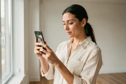 Femme tenant un smartphone Samsung Galaxy et consultant des photos sur l'écran dans un appartement moderne