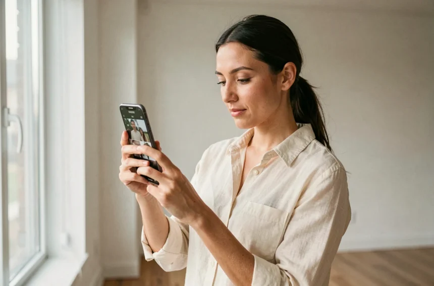 Femme tenant un smartphone Samsung Galaxy et consultant des photos sur l'écran dans un appartement moderne