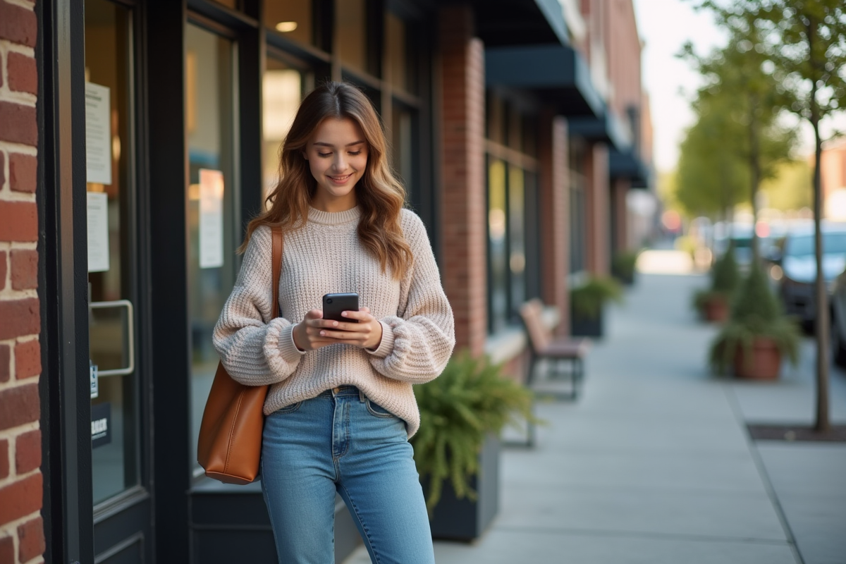 Jeune femme avec smartphone dans une rue urbaine