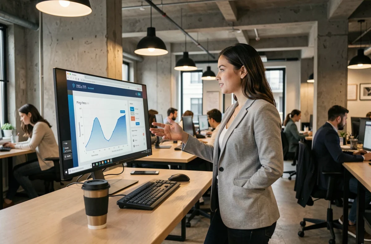 Femme professionnelle debout devant un écran affichant des statistiques de ping dans un espace de coworking moderne