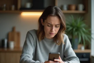 Femme frustrée regardant son smartphone pour supprimer un contact sur Messenger