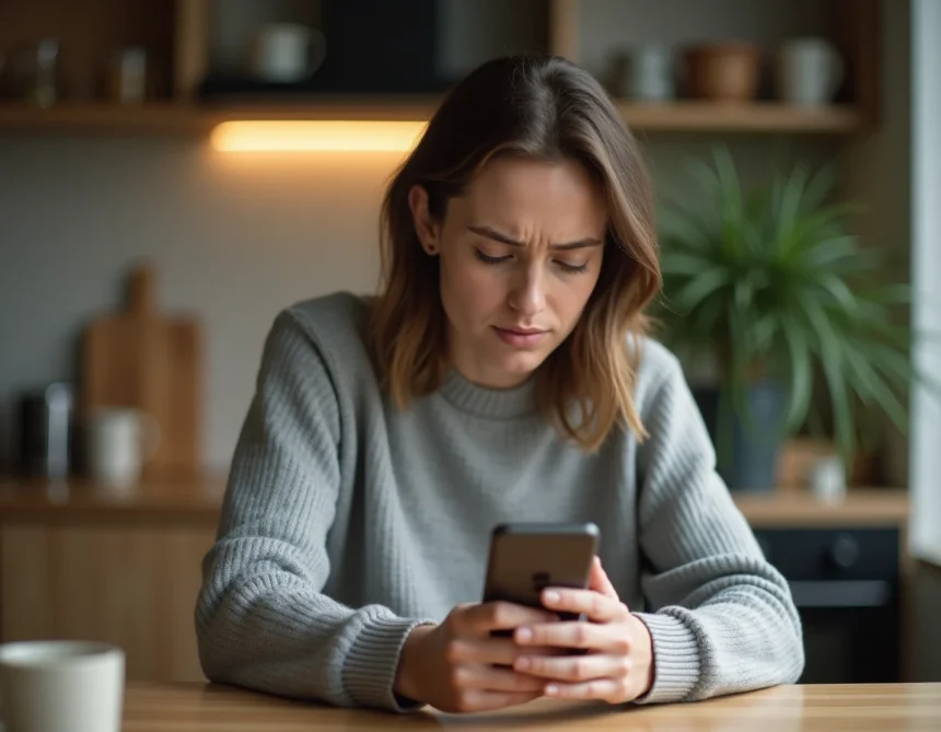 Femme frustrée regardant son smartphone pour supprimer un contact sur Messenger