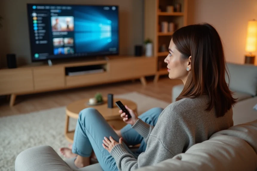 Femme tenant une télécommande Chromecast devant un téléviseur affichant une interface d'application de streaming dans un salon moderne