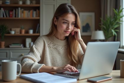 Jeune femme travaillant sur son ordinateur dans un bureau à domicile