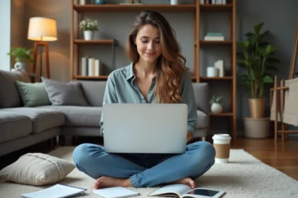 Jeune femme travaillant sur son ordinateur dans un espace cosy