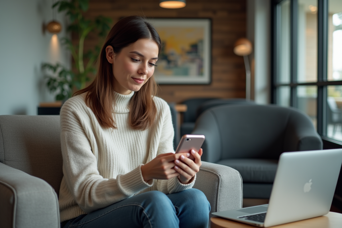 Femme analysant son smartphone dans un espace de coworking