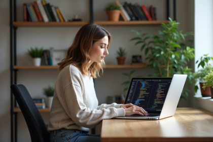 Jeune femme travaillant sur un ordinateur avec code CSS dans un bureau moderne