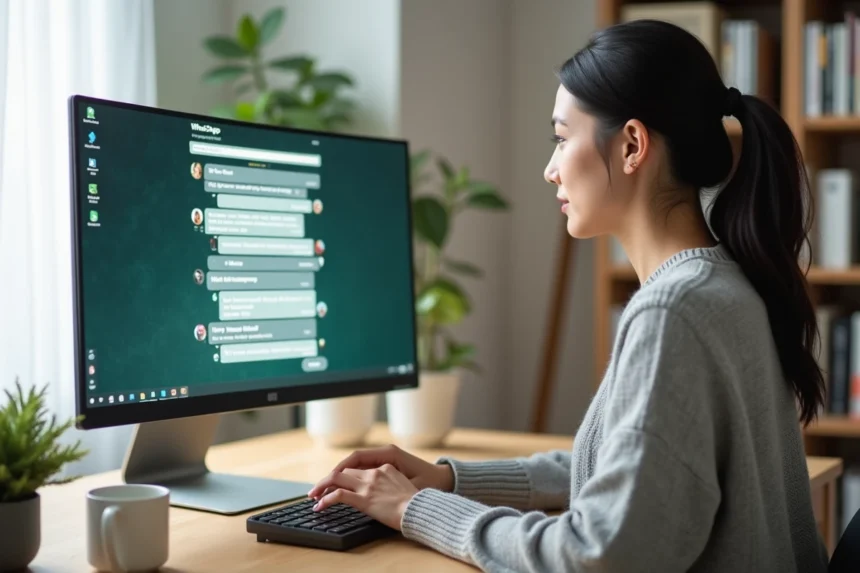 Femme utilisant WhatsApp Web sur un grand écran d'ordinateur dans un bureau à domicile moderne
