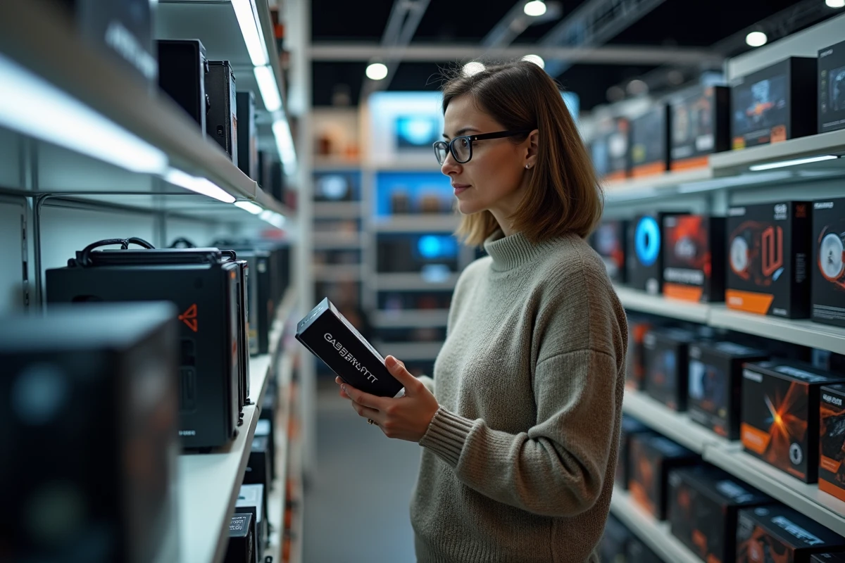Femme examinant une carte graphique en magasin d’électronique