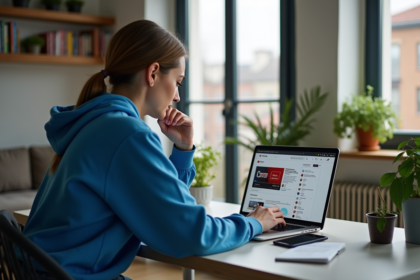 Femme en hoodie bleu utilisant YouTube pour promouvoir une vidéo