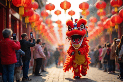 Fête de l'annee chinoise avec danse du dragon et lanternes rouges