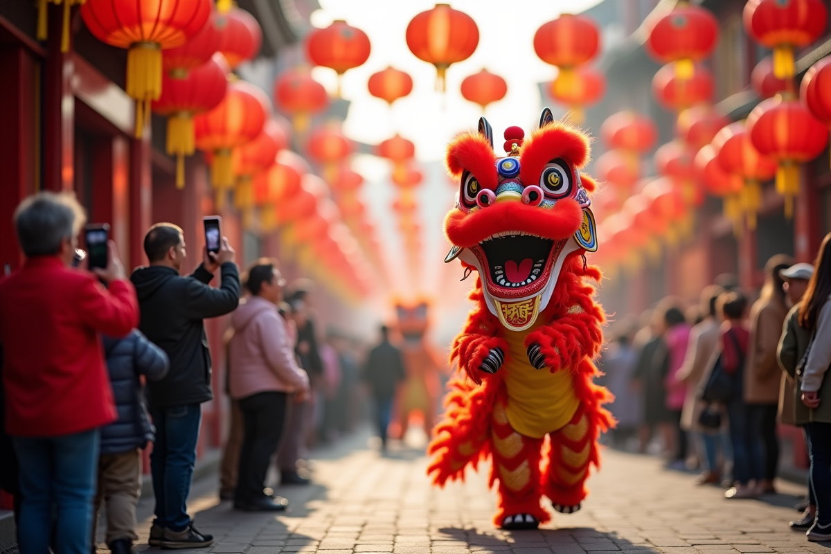 Fête de l'annee chinoise avec danse du dragon et lanternes rouges