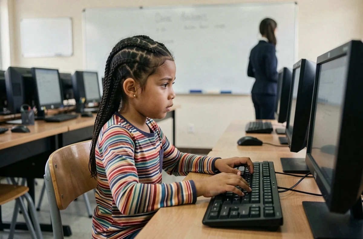Une fillette concentrée qui apprend à utiliser un clavier d'ordinateur dans une salle de classe informatique à l'école