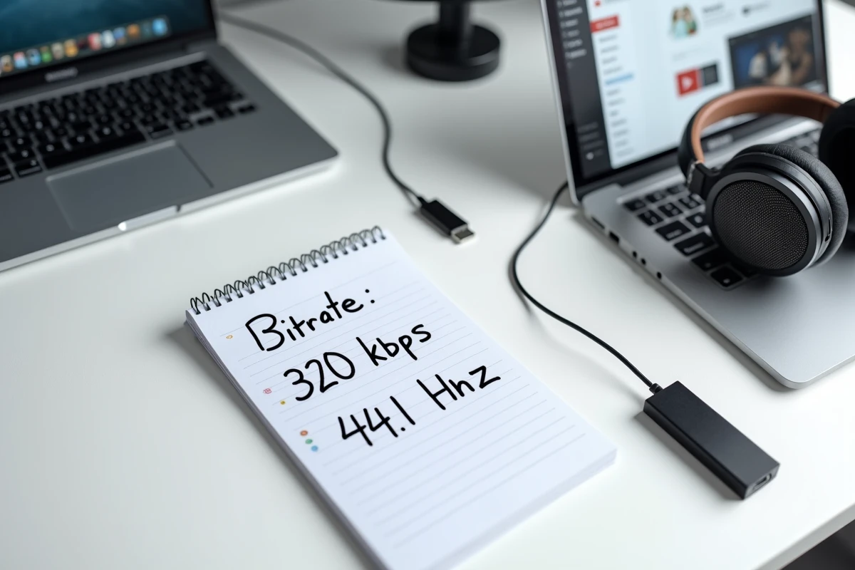 Flat lay de casque studio, convertisseur DAC et notes de réglages bitrate MP3 pour conversion audio YouTube sans perte