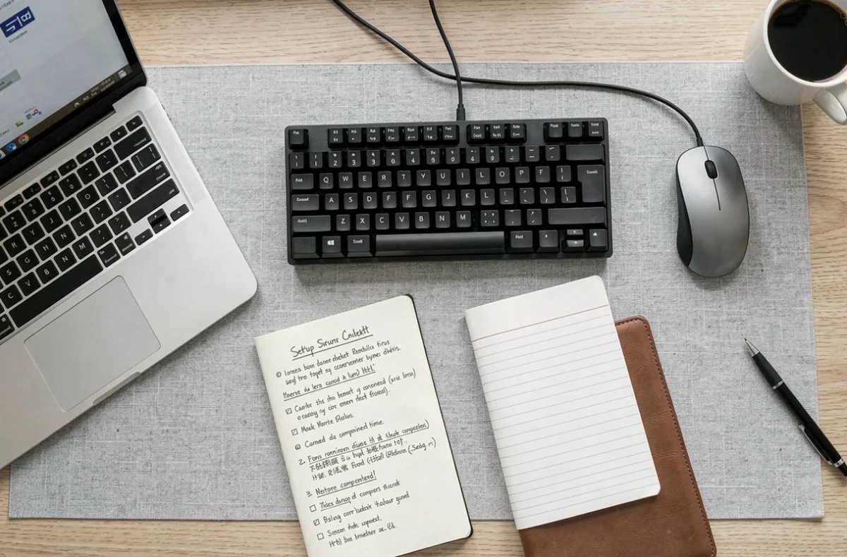 Vue aérienne d'un bureau organisé avec matériel informatique neuf et checklist de configuration pour débutant