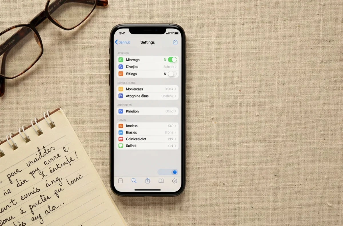 Vue de dessus d'un iPhone affichant les réglages iOS 18.4.1 avec des notes manuscrites pour désactiver les options ralentissant l'appareil