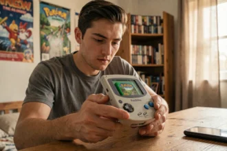 Jeune homme tenant une Game Boy Advance SP avec la cartouche Pokémon Émeraude insérée, assis dans une chambre rétro gaming