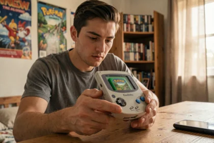 Jeune homme tenant une Game Boy Advance SP avec la cartouche Pokémon Émeraude insérée, assis dans une chambre rétro gaming