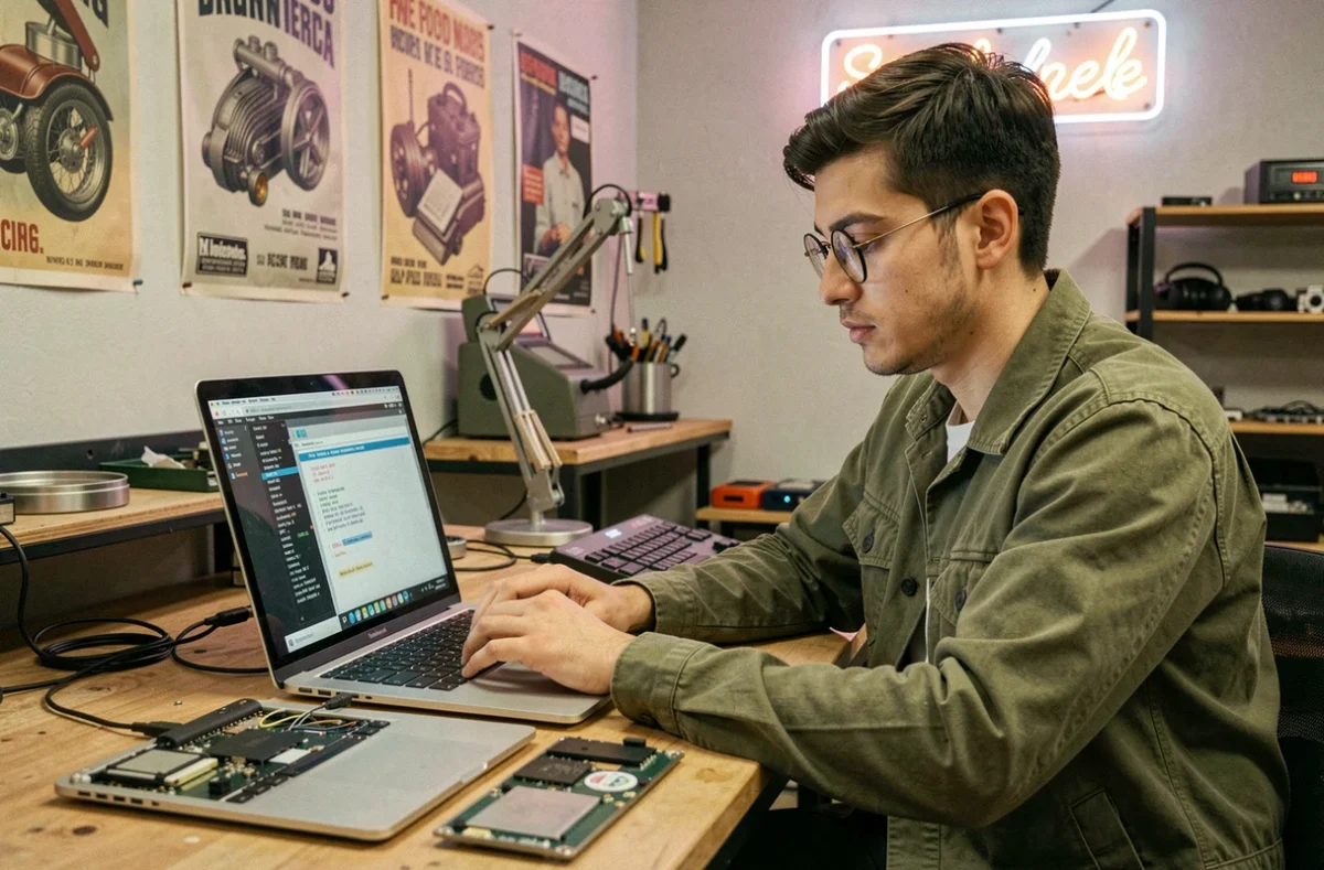 Jeune technicien lançant des diagnostics sur un MacBook ouvert dans l'atelier Geekstinct