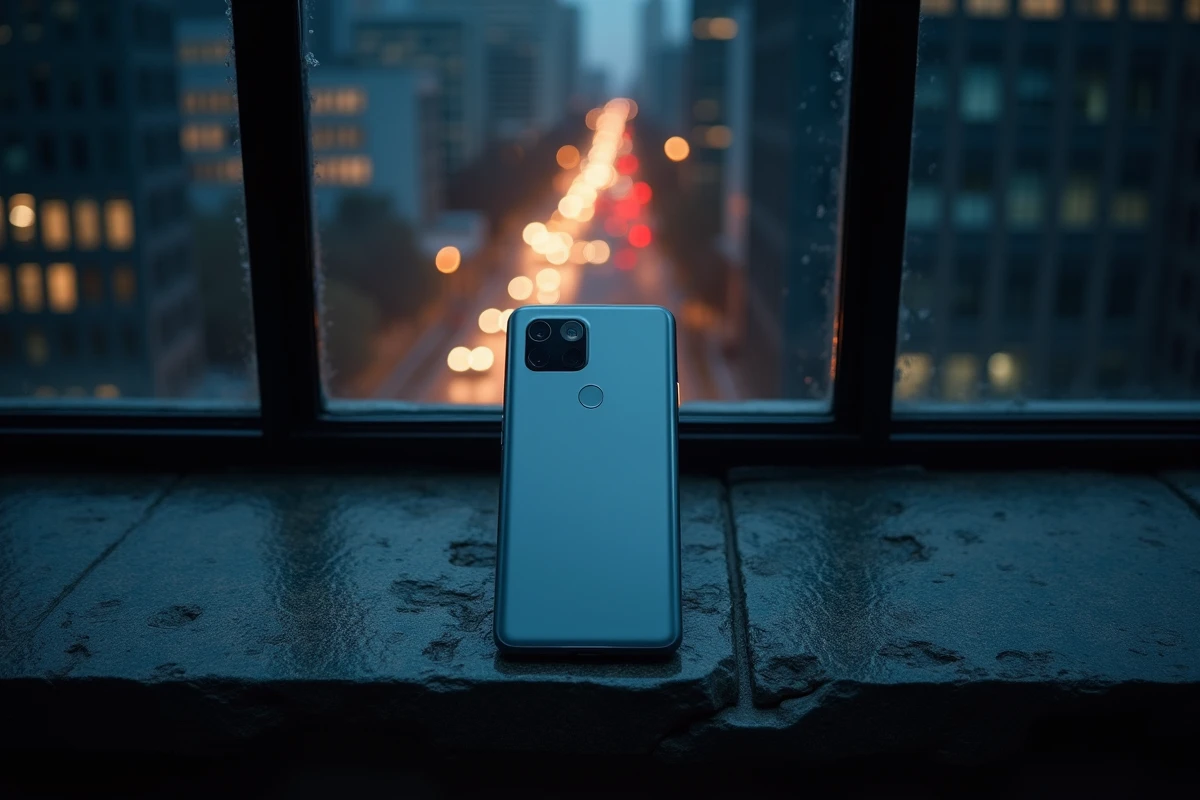 Google Pixel 8 Pro posé sur un rebord de fenêtre avec un panorama urbain nocturne en fond