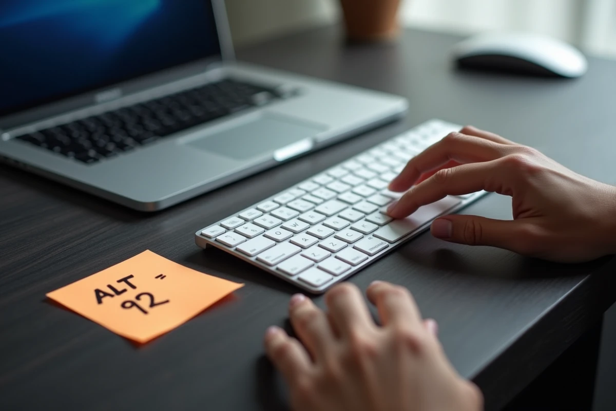 Gros plan sur des mains et un clavier externe avec une note indiquant le raccourci clavier pour taper un antislash