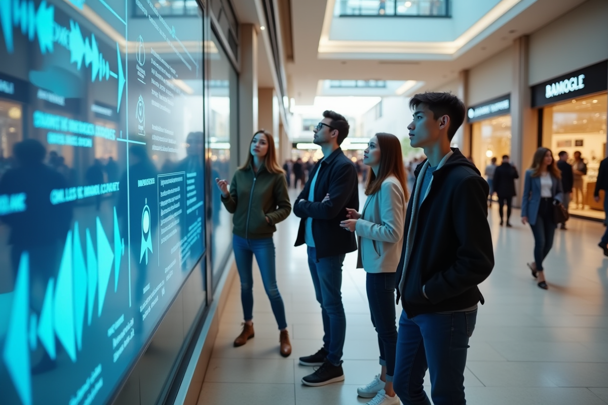 Groupe de jeunes interagissant avec un mur digital en centre commercial