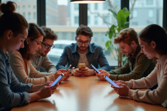 Groupe de jeunes utilisant différents réseaux sociaux sur leurs smartphones