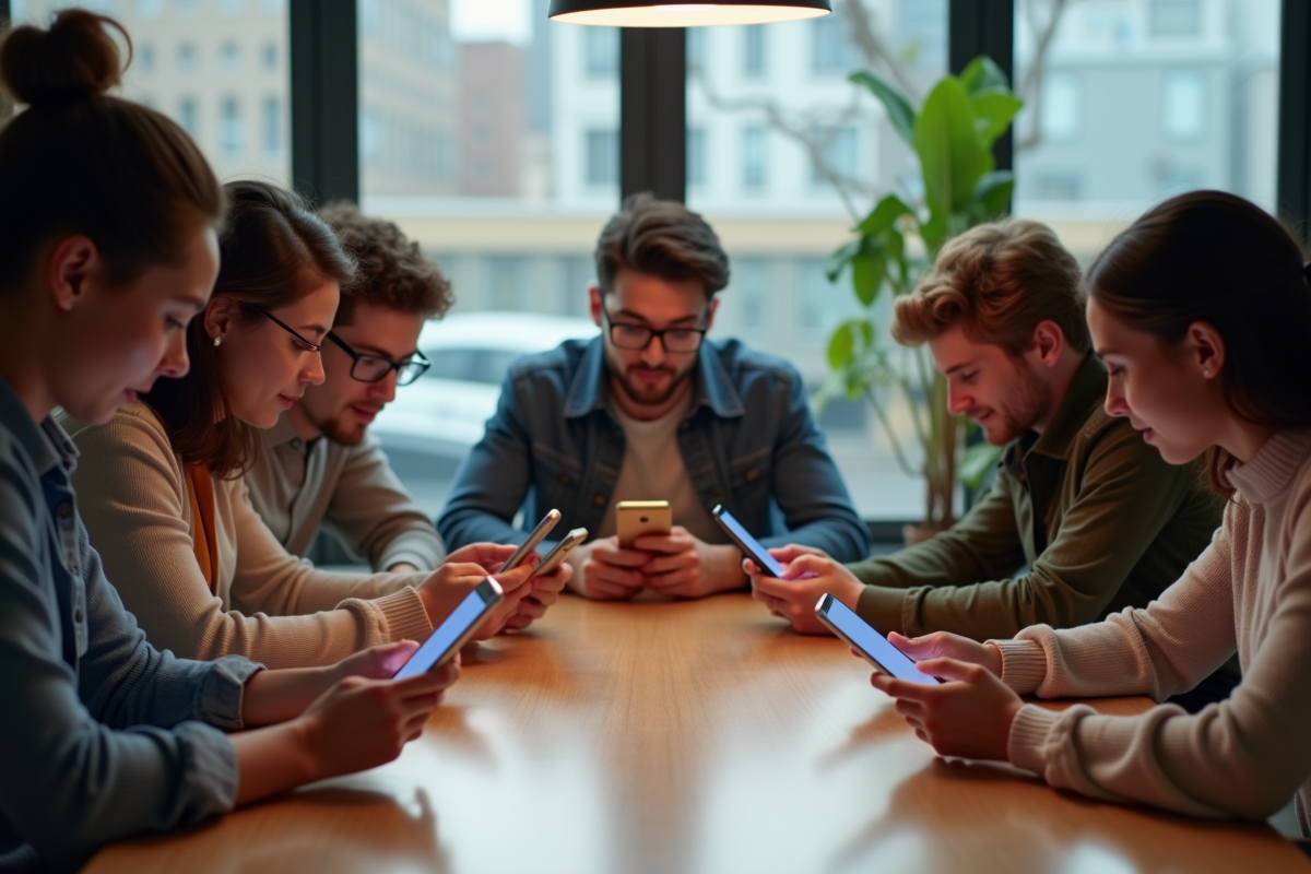 Groupe de jeunes utilisant différents réseaux sociaux sur leurs smartphones