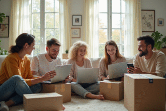 Groupe de personnes heureux faisant du shopping en ligne dans un salon lumineux