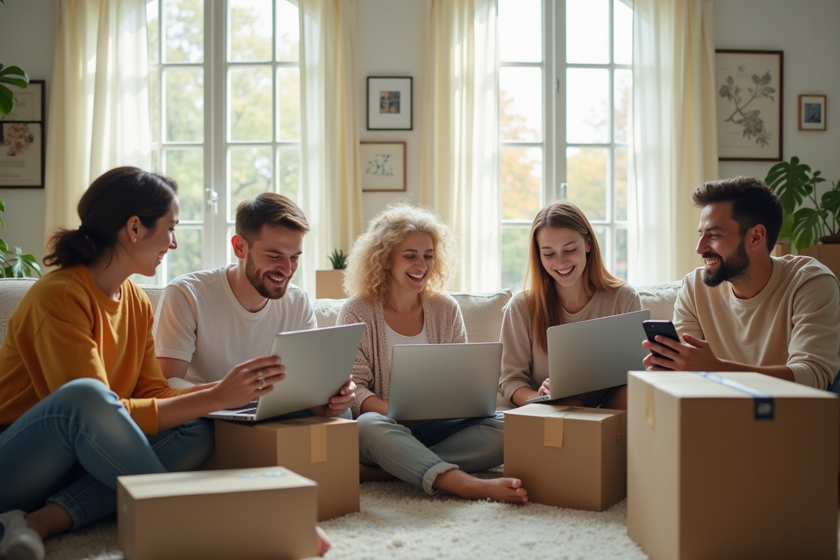 Groupe de personnes heureux faisant du shopping en ligne dans un salon lumineux
