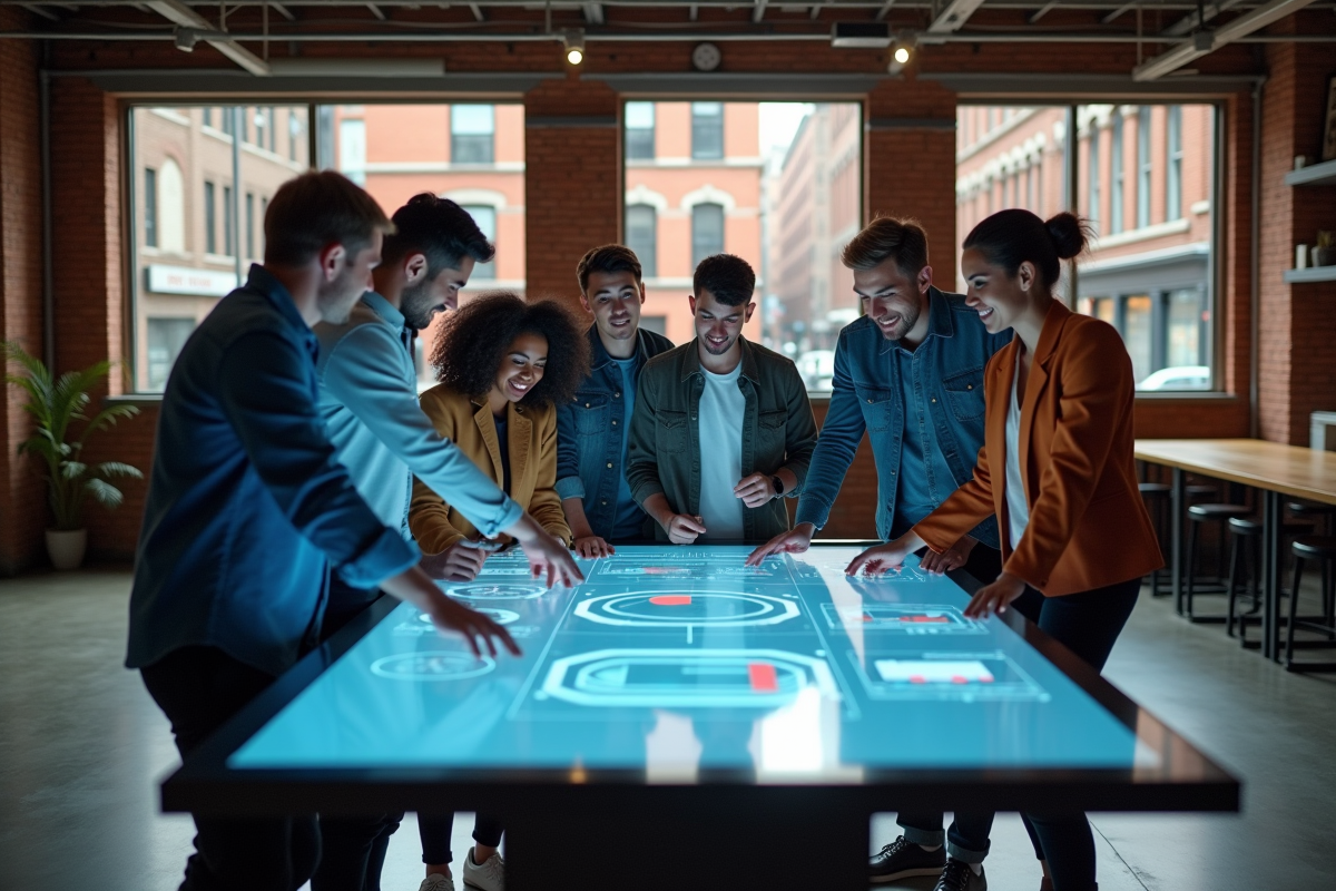 Groupe de jeunes professionnels discutant autour d une table tactile