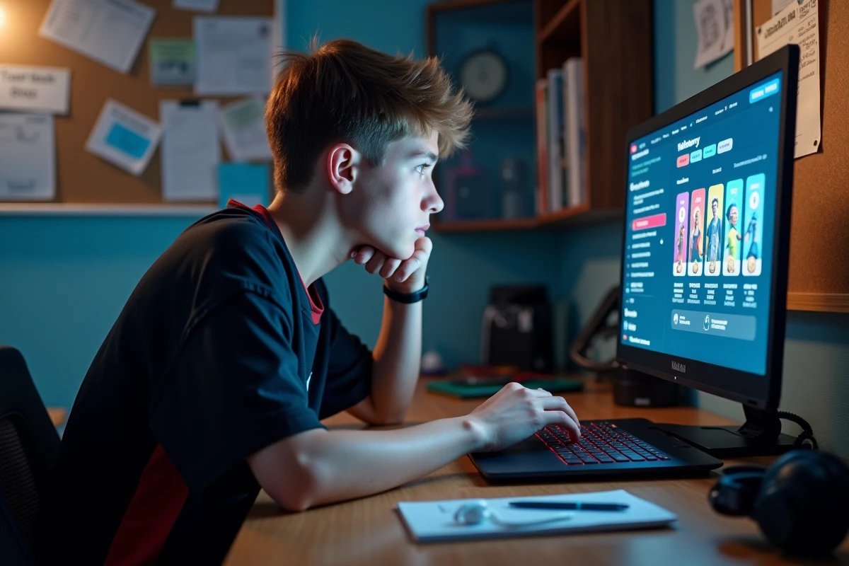Adolescent consultant l'historique d'achat Valorant sur ordinateur portable pour vérifier ses skins et points VP