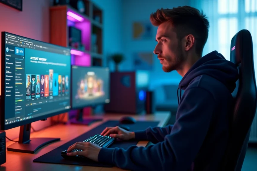 Joueur consultant son historique d'achat Valorant sur un PC gaming pour suivre ses skins et points VP