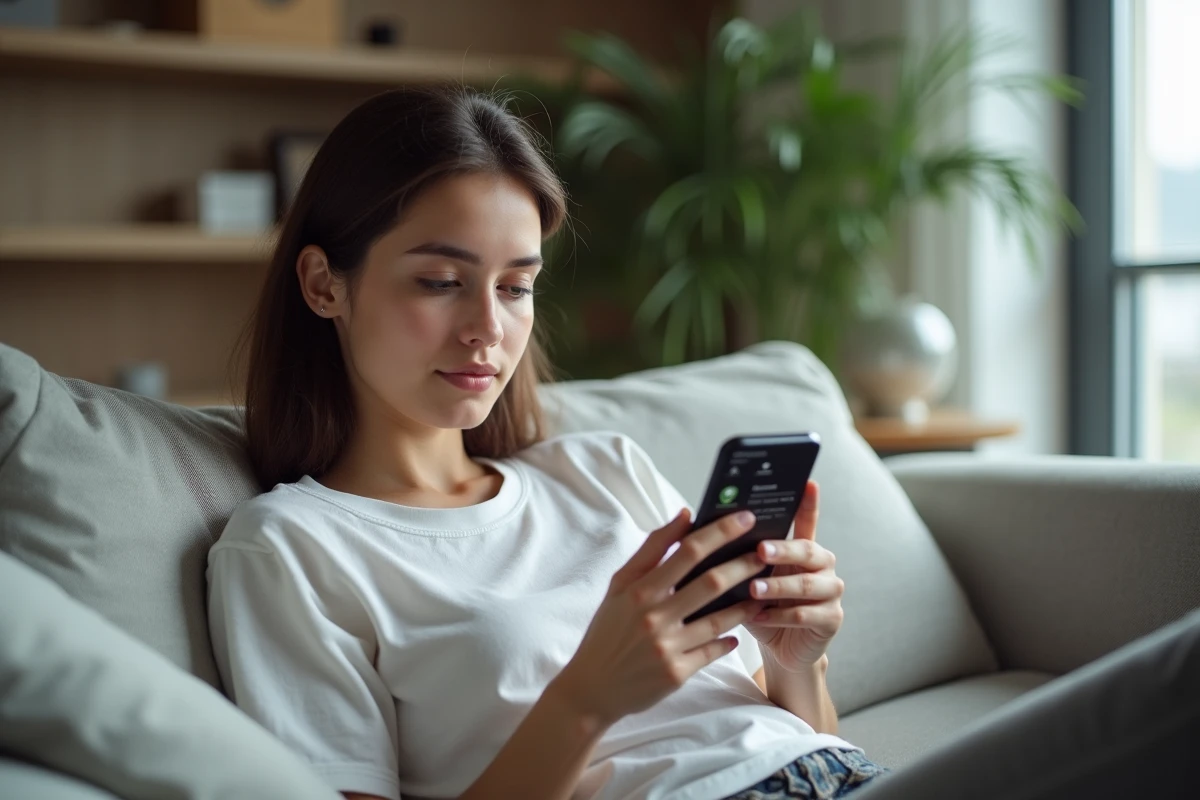 Jeune femme vérifiant l'historique d'achat Valorant sur smartphone avec les skins et transactions VP affichés