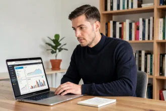 Homme concentré analysant des données de classement SEO sur un ordinateur portable dans un bureau moderne à domicile