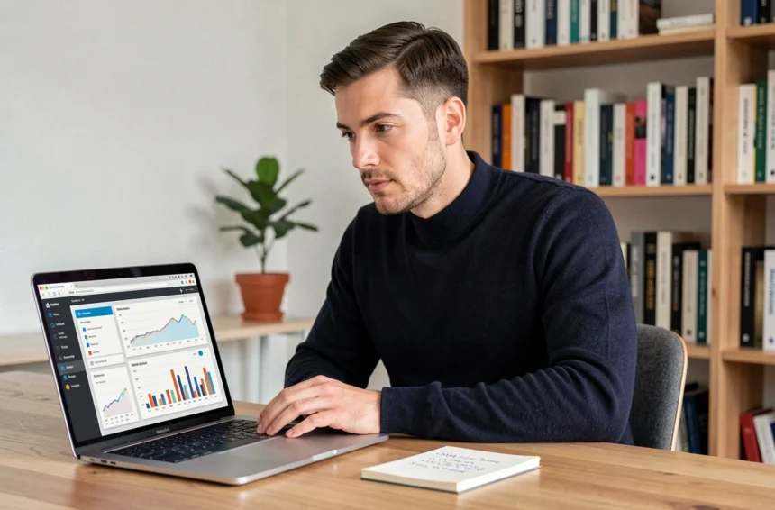 Homme concentré analysant des données de classement SEO sur un ordinateur portable dans un bureau moderne à domicile