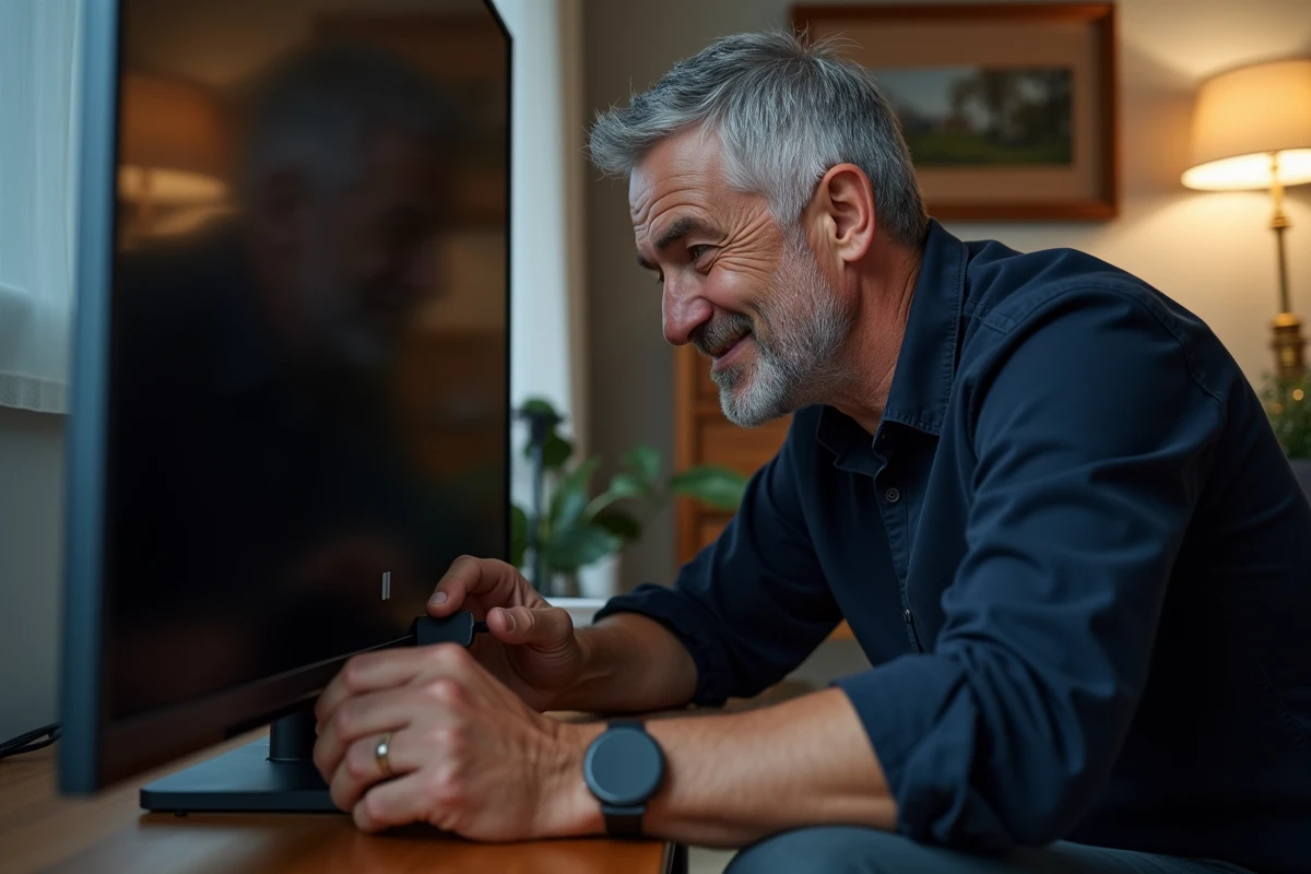 Homme connectant un dongle Chromecast sur le port HDMI d'un téléviseur à la maison