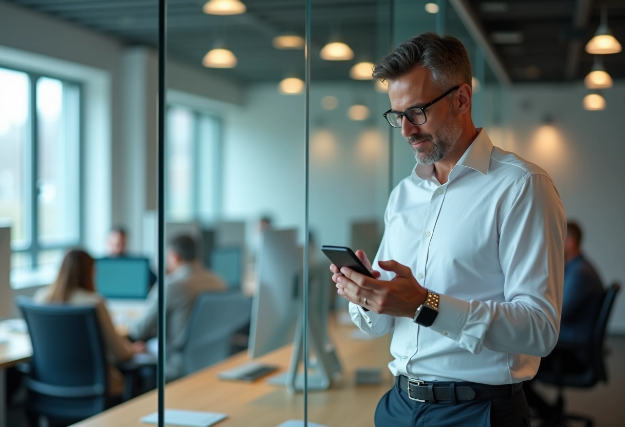 Homme d affaires utilisant un téléphone Android au bureau