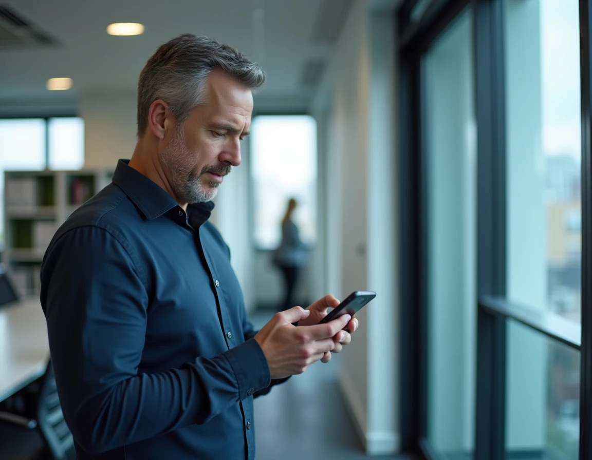 Homme au bureau gérant ses contacts Messenger sur son téléphone mobile