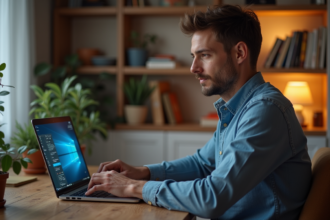 Homme détendu utilisant un ordinateur portable dans un bureau cosy