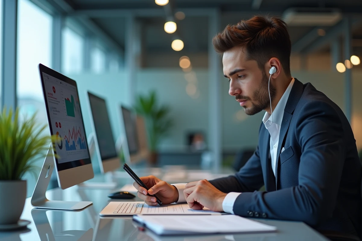 Homme en multitasking au bureau avec smartphone et notes