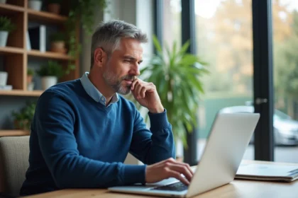 Homme d'âge moyen utilisant un ordinateur dans un bureau moderne