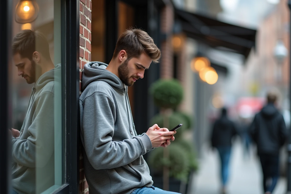 Homme en hoodie vérifiant une story Instagram dans un café urbain