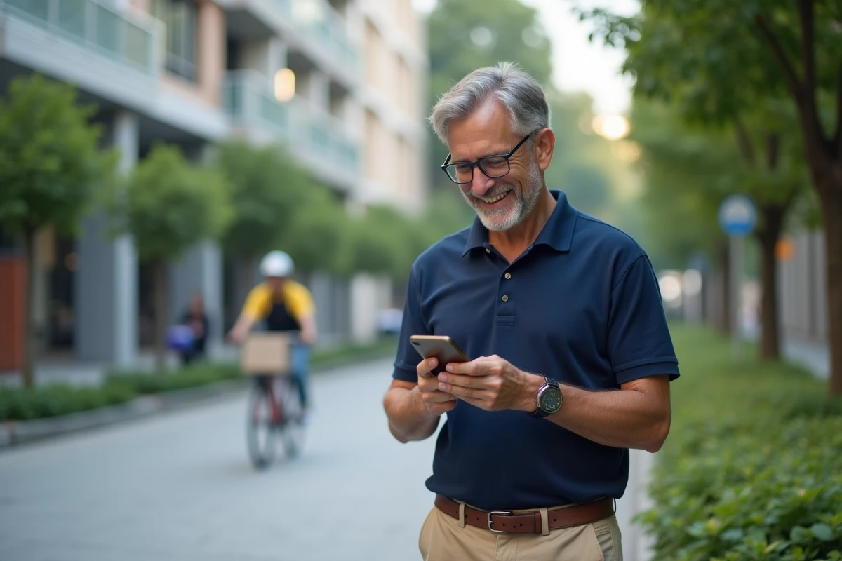Homme vérifiant une notification de livraison en extérieur