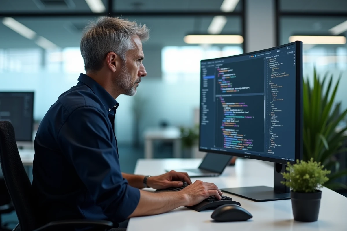 Homme utilisant un clavier externe compact avec un éditeur de code affichant un antislash