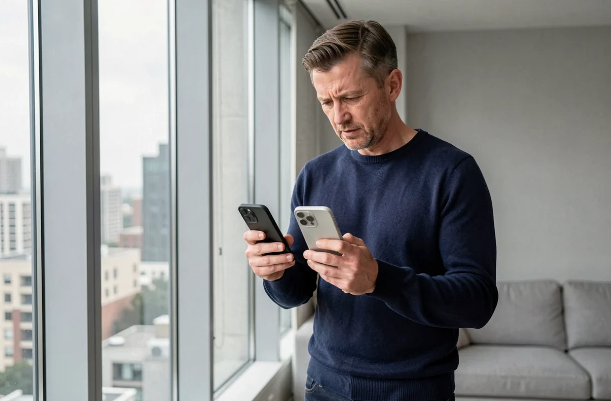 Homme comparant deux iPhones pour analyser les ralentissements après la mise à jour iOS 18.4.1