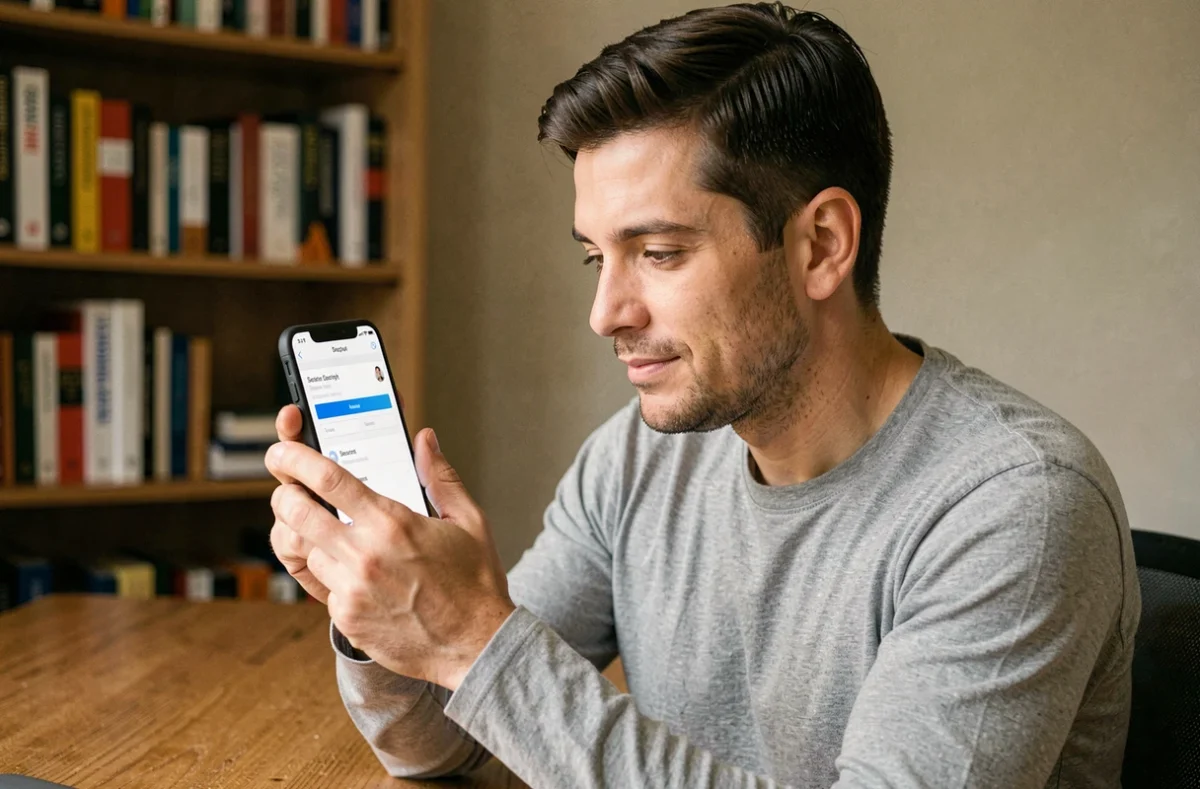 Homme consultant un espace personnel sécurisé sur smartphone depuis son bureau à domicile, représentant la confidentialité des données numériques