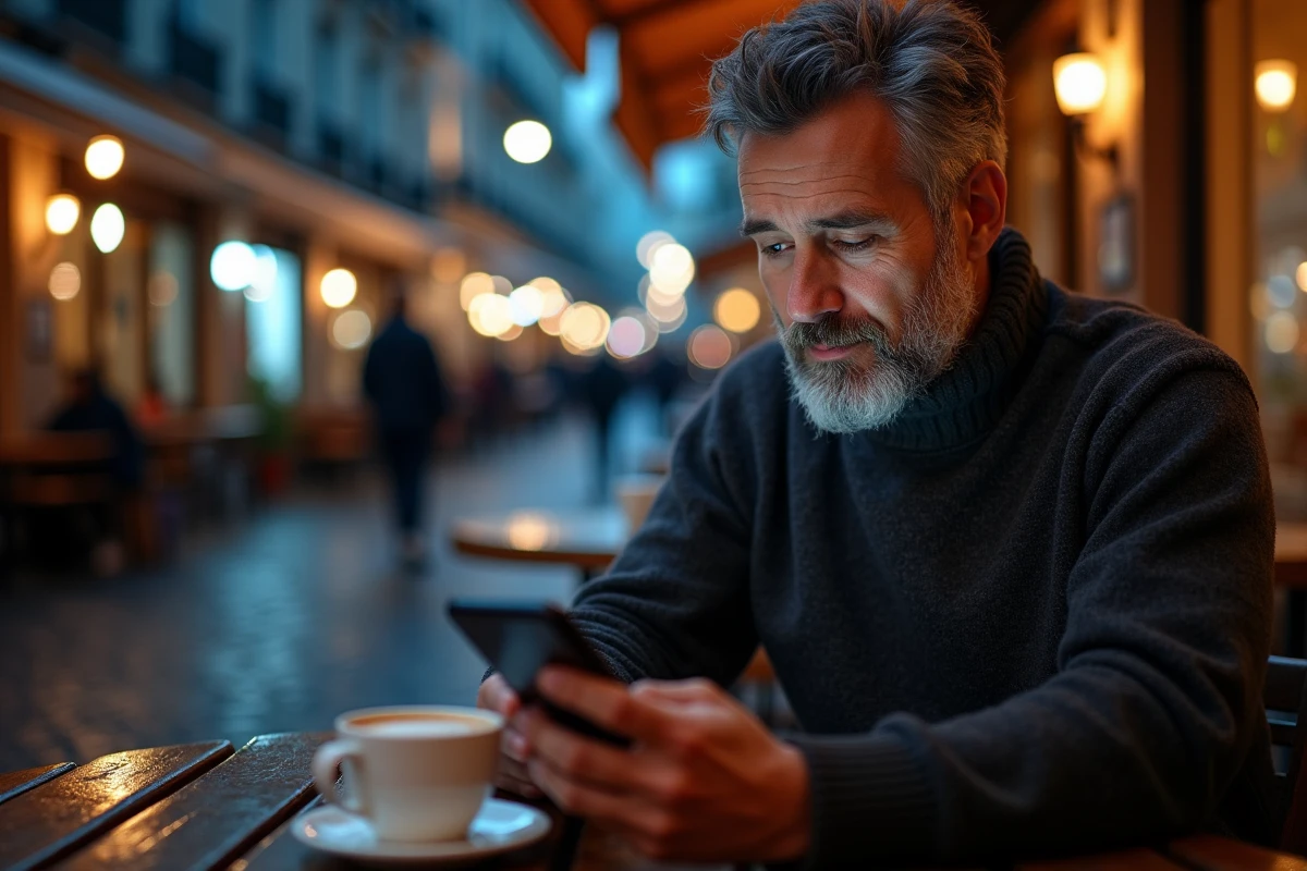 Homme consultant des photos nocturnes sur Google Pixel 8 Pro dans un café parisien